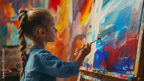 A vibrant image capturing the essence of childhood creativity and learning, as a young artist paints a masterpiece in an art class. With a palette of colors, the child's imagination takes fl