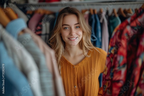 A stylish woman stands confidently in a clothing store, her hair framing her smiling face as she exudes warmth and fashion