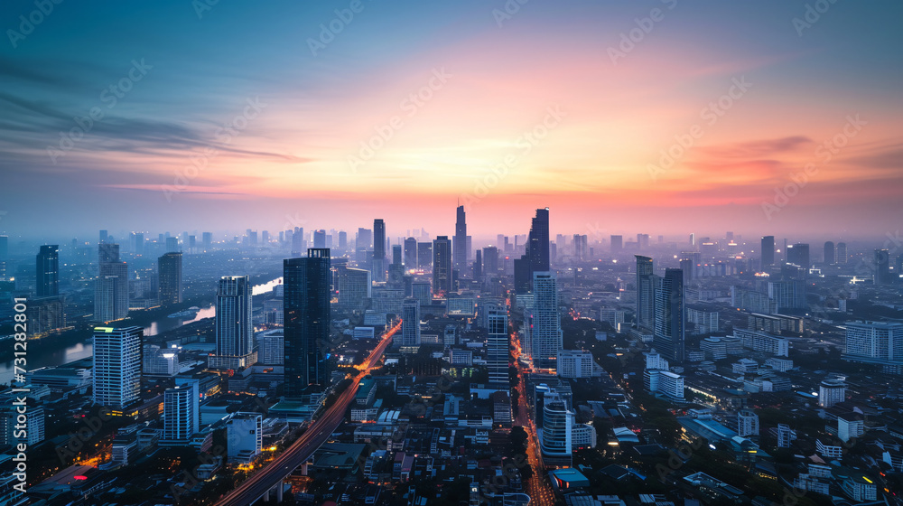 A mesmerizing city skyline at twilight, showcasing the perfect blend of urban beauty and architectural grandeur. The soft hues of the setting sun illuminate the towering skyscrapers, reflect