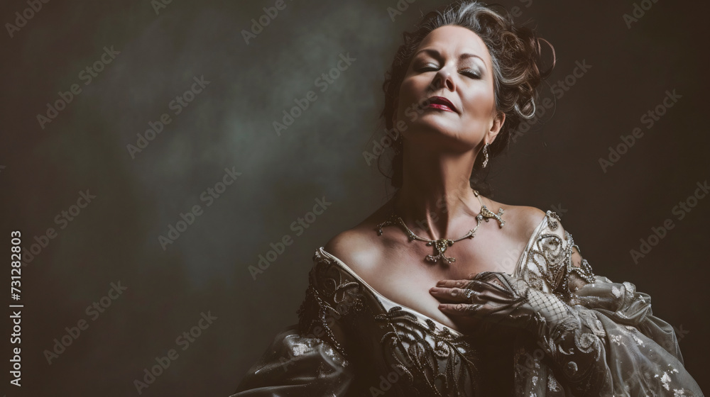 A mesmerizing and powerful classical opera singer in her 40s captivates the audience with her emotive performance. Dressed in a stunning, lavish gown, she exudes elegance and grace. - obrazy, fototapety, plakaty 