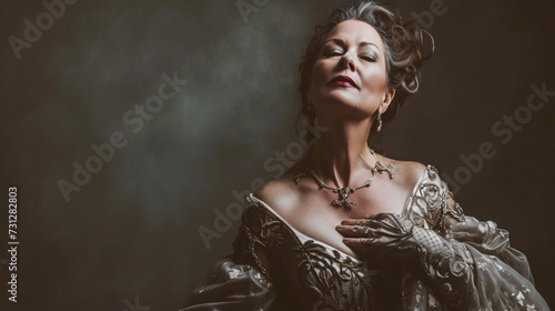 A mesmerizing and powerful classical opera singer in her 40s captivates the audience with her emotive performance. Dressed in a stunning, lavish gown, she exudes elegance and grace. photo