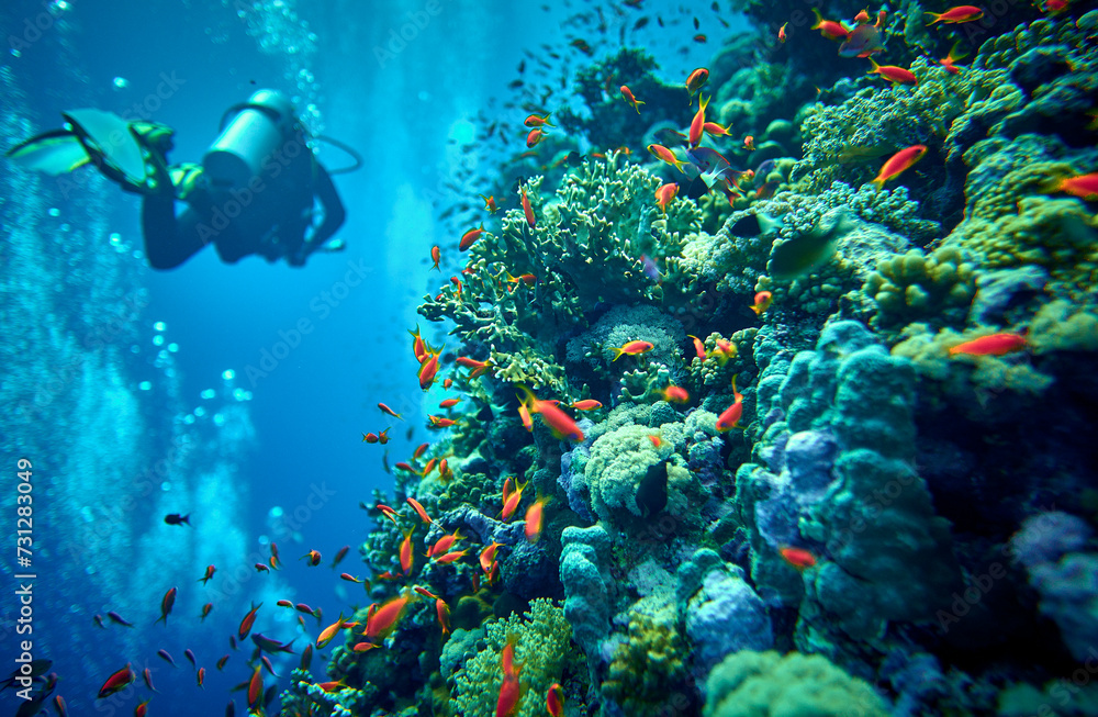 Fototapeta premium The beauty of the underwater world - Pseudanthias squamipinnis – Sea goldies or Goldfish - beautiful, amazing wealth of underwater life - large and small fish - scuba diving in the Red Sea, Egypt