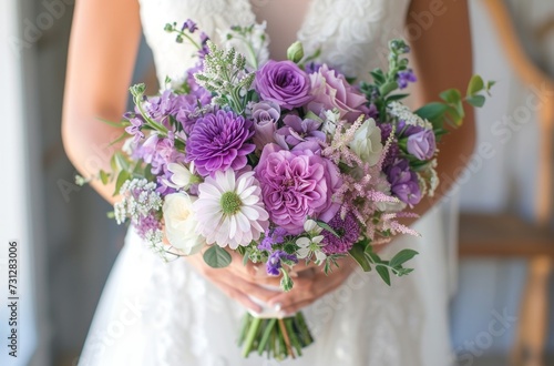 bride holding up purple wedding flower bouquet