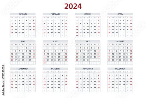 Quarter calendar template for 2024 year. Wall calendar grid in a minimalist style. Week Starts on Sunday.