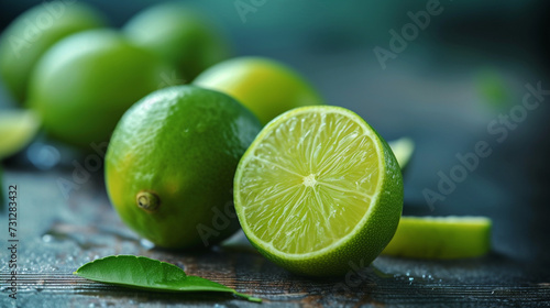 fresh limes on a black wooden background, closeup