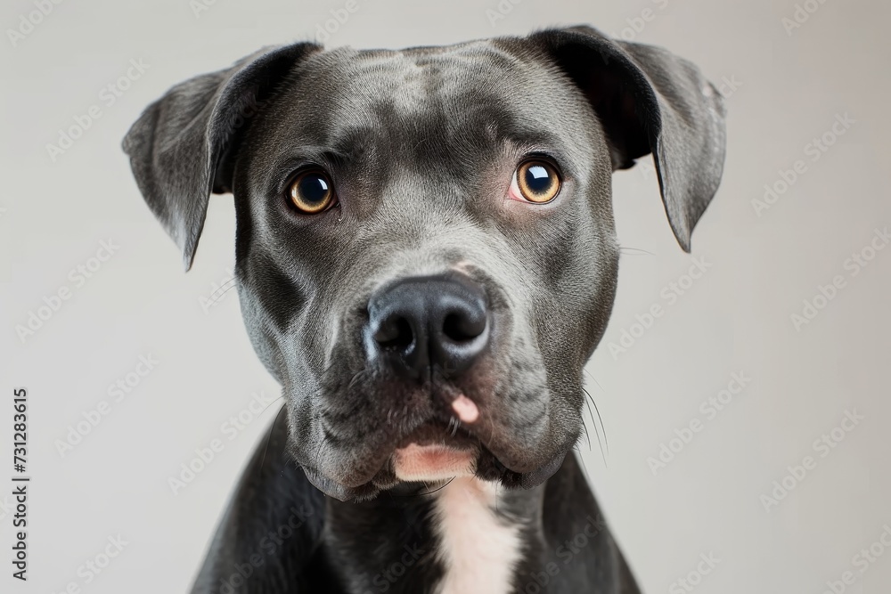 A playful puppy of the sporting breed looks up with its black snout and collar, eagerly awaiting its owner's next command in the comfort of an indoor space