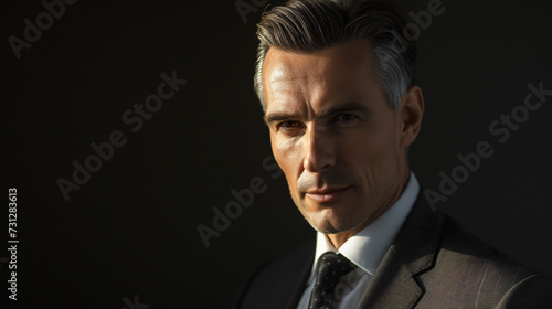 A powerful and charismatic CEO in his mid-40s exudes confidence and authority, his commanding expression leaving no doubt of his leadership prowess. With impeccably groomed hair and an air o