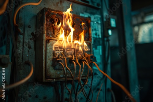 An old and rusty electrical fuse box caught in a dangerous blaze, with flames consuming the wiring and switches.