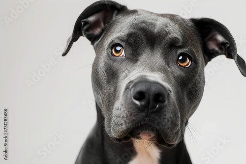 A loyal companion, this majestic black dog proudly displays its unique breed's distinct snout and wears a stylish collar, embodying the loving bond between humans and animals photo