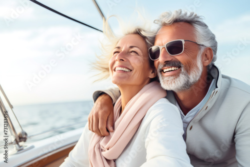 High key, An elderly couple sits in a boat or yacht against the backdrop of the sea. Happy and smiling. They look at the waves and hug. Sea voyage, vacation