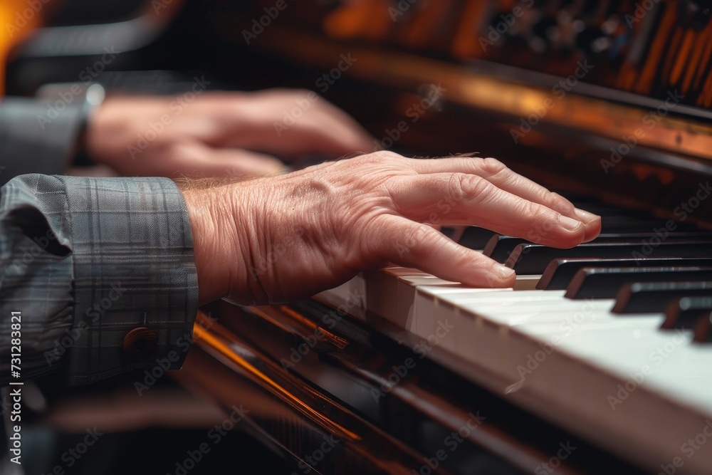 Obraz premium A skilled pianist's hands dance across the keys of their digital piano, filling the indoor space with a harmonious melody that captivates all who listen