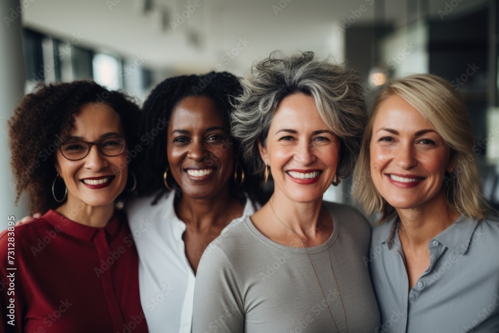 Group of diverse middle-aged women smiling together Group of diverse middle-aged women smiling together