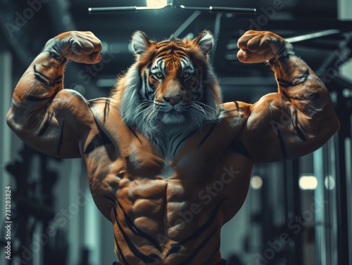 Portrait of a strong roaring male tiger in a gym. Bodybuilding concept