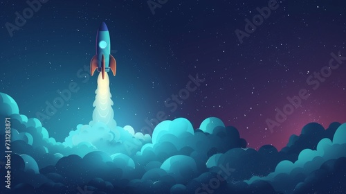 A digital artwork capturing a stylized rocket ascending towards the star-speckled sky amidst a backdrop of ethereal clouds.