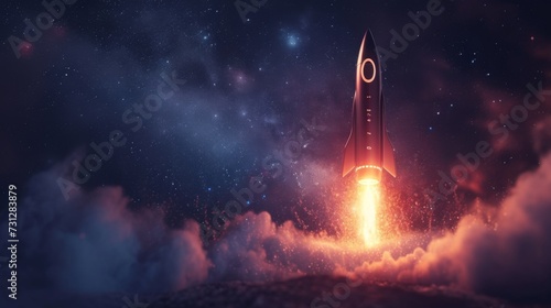 A dramatic scene of a space rocket launching from the ground, leaving a trail of fire and smoke against a backdrop of a dense cosmic starfield.