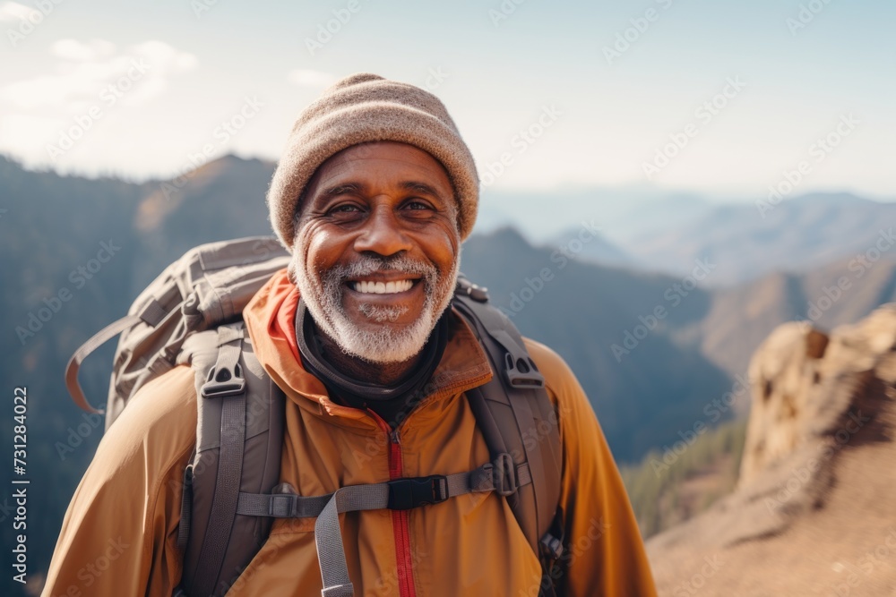 Portrait of a smiling senior hiker in the mountains