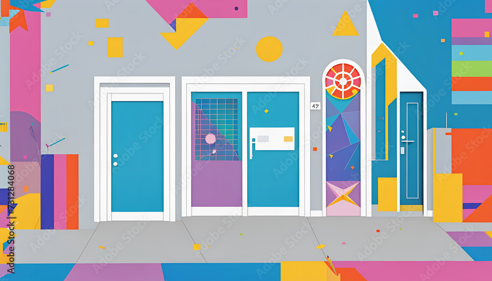 Fototapeta premium Different colorful and artistically with shapes and colors designed doors in a graphically designed illustration