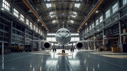Commercial Airplane in Aircraft Maintenance Hangar photo