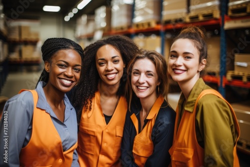 Portrait of a smiling group of diverse female workers in factory
