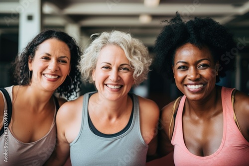 Group of happy diverse women smiling together in a gym