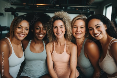 Group of happy diverse women smiling together in a gym