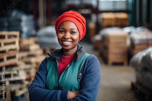 Portrait of a smiling young woman working in a factory © CojanAI