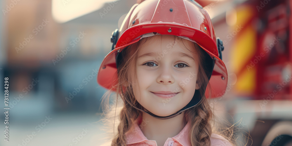 Child girl in Firefighter Helmet. Portrait of a smiling young girl with a firefighter helmet, symbolizing dreams and aspirations, future job. Child girl in Firefighter Helmet. Portrait of a smiling young girl with a firefighter helmet, symbolizing dreams and aspirations, future job.