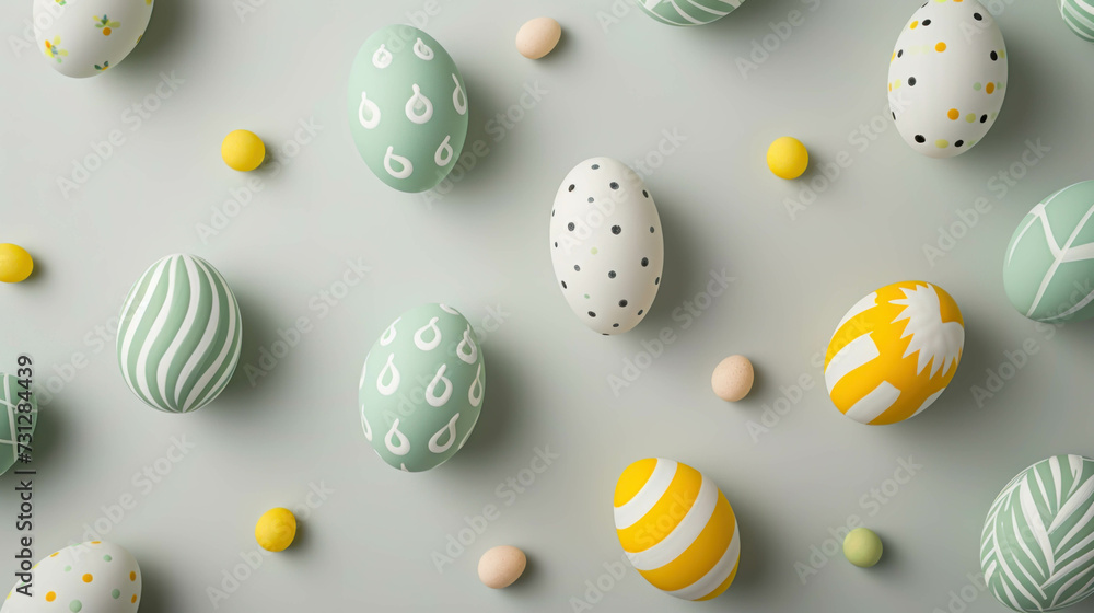 Easter Geometry with Patterned Eggs and Nature Accents on Modern Grey. Festive Easter Greeting Background