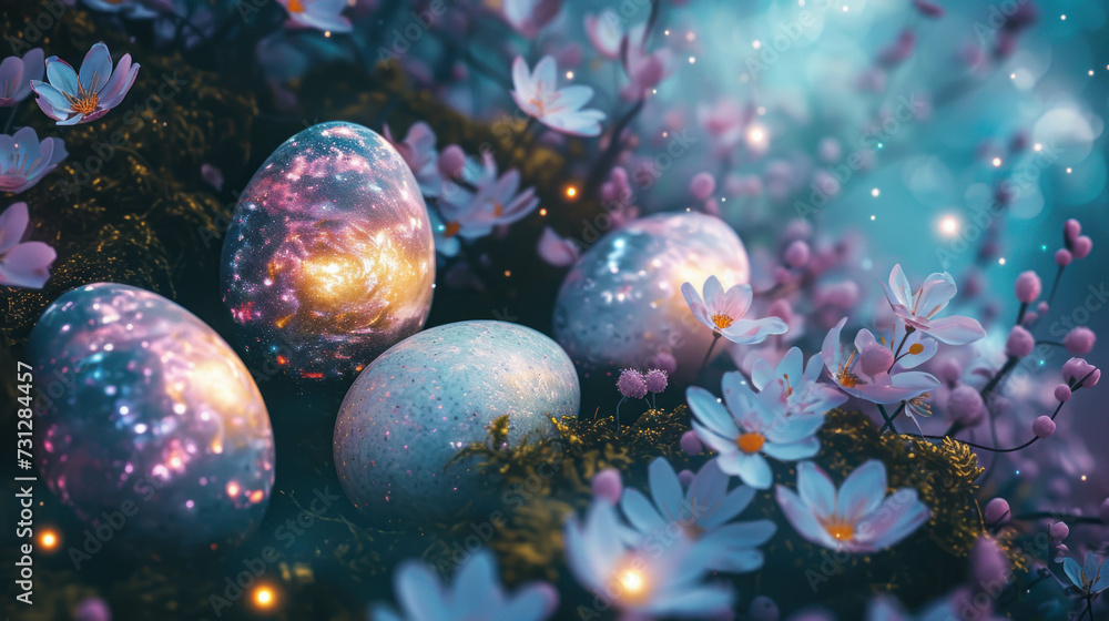 Cosmic Easter Eggs Among Floral Galaxy with Stardust Shimmer. Festive Easter Greeting Background Cosmic Easter Eggs Among Floral Galaxy with Stardust Shimmer. Festive Easter Greeting Background