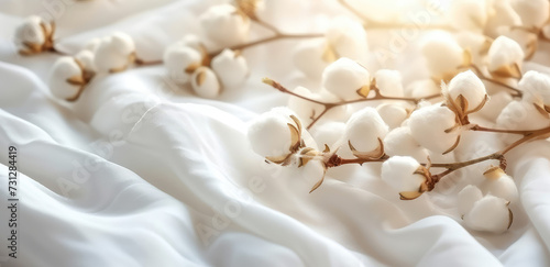 Elegant Cotton Bolls on White Fabric. Soft cotton bolls resting on delicate white cotton fabric, symbolizing natural fibers and purity. © SnowElf