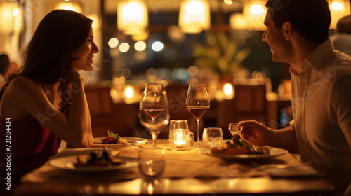 A tender moment between a couple as they savor a romantic dinner at a luxurious restaurant  enveloped in an atmosphere of intimacy and refined culinary delights.