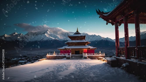 Temple, Statue, Budhha, Cinematic, Epic, Winter, Snow, Landscape Scenery, Night, Aurora, Nature Ambience, Outdoor, Snowfall, Snow Falling, Loop Video 4K Background, AI photo