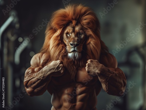Portrait of a strong roaring male lion in a gym. Bodybuilding concept