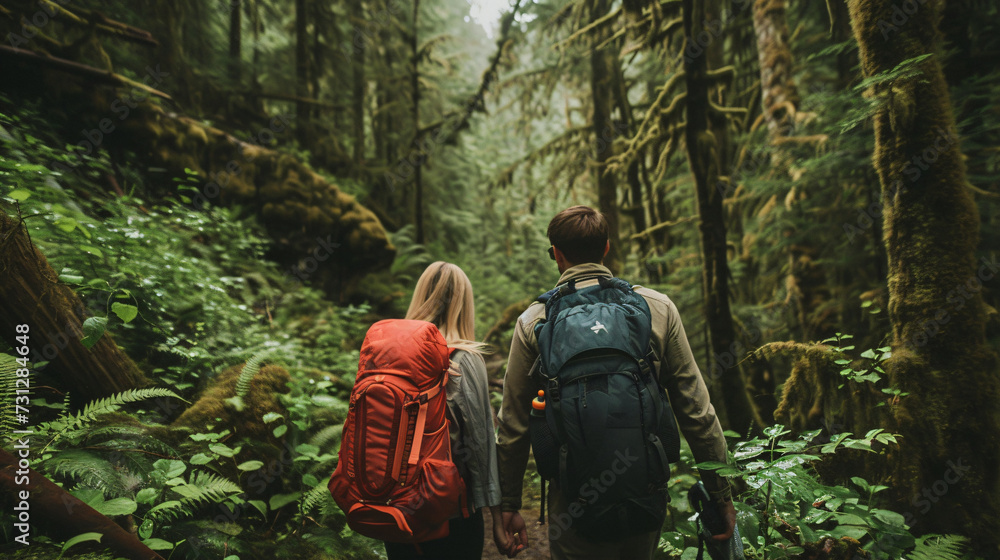 A couple journeying through a breathtaking lush forest, immersing themselves in the beauty of nature. Together, they embark on thrilling adventures, discovering hidden waterfalls, captivatin