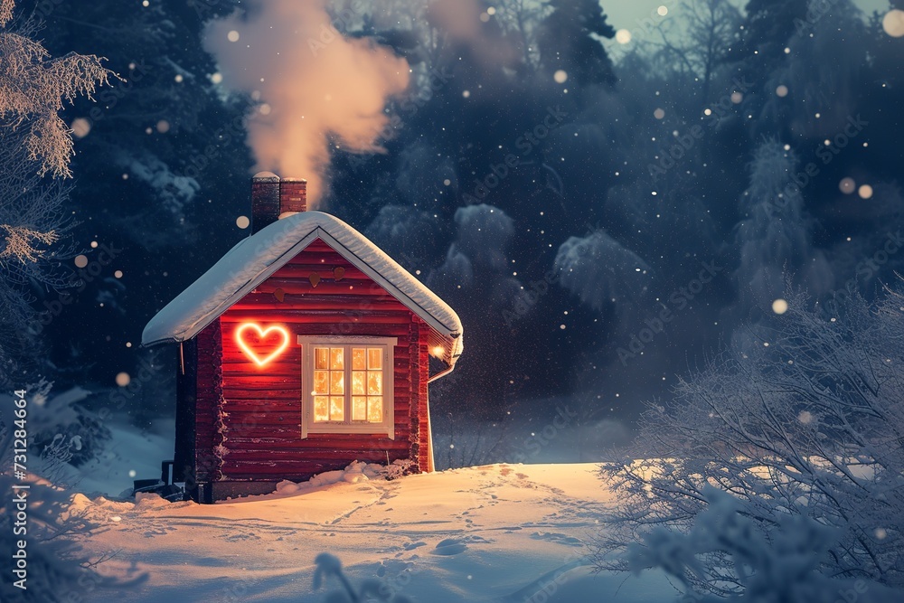 a small red wooden house with heart shape window, in a snowy winter landscape