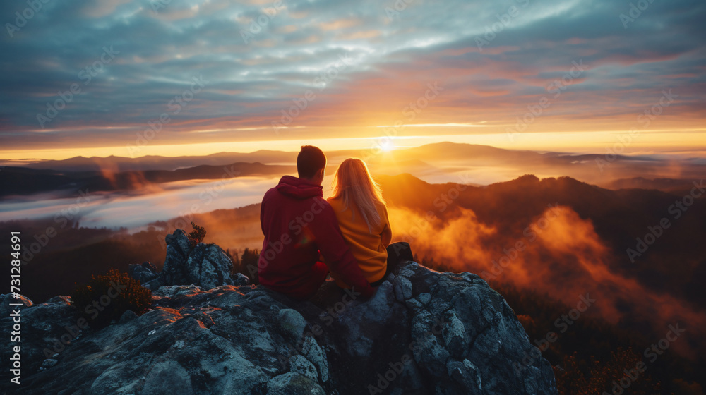 A mesmerizing moment as two lovebirds embrace, gazing at the ethereal sunrise slowly painting the sky with vibrant hues. Their silhouettes against the mountain's silhouette exude romance and - obrazy, fototapety, plakaty 
