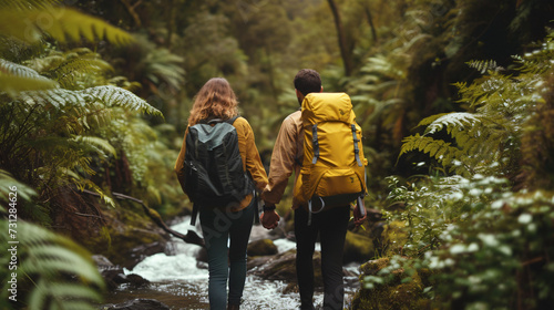 A mesmerizing stock image capturing the sheer joy of a couple immersed in a lush forest, delighting in the beauty of nature and embarking on exhilarating shared adventures.