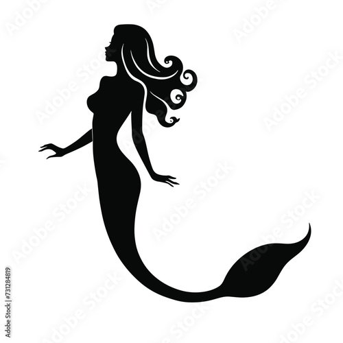 Silhouette of a graceful mermaid with flowing hair on a plain white background.