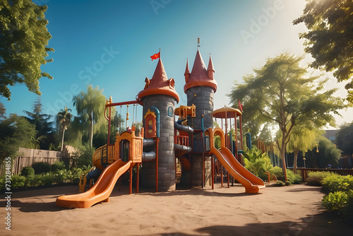 Kids castle playground on a sunny day design. Ai. Park, gardening design. photo