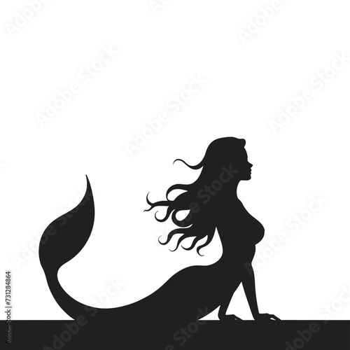 Silhouette of a mermaid with flowing hair and a curvy tail, set against a plain white background.