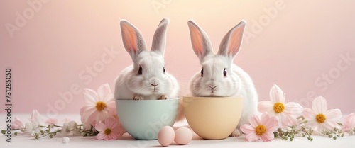 Two Easter bunnies in a bowl, egg form, hare with flowers on pastel pink background Happy Easter banner with cute rabbits Generative AI