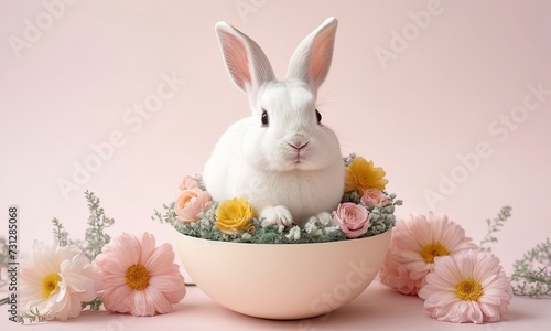 Easter bunny in a bowl, hare with flowers on pastel pink background Happy Easter banner with cute rabbit Generative AI
