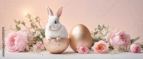 Easter bunny in elegant golden metallic bowl, hare with flowers on pastel background Happy Easter banner with cute rabbit Generative AI