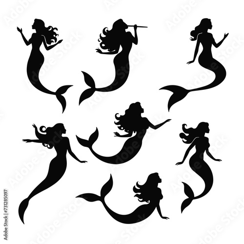 Silhouettes of mermaids in various poses depict mystery and allure against a stark white background.