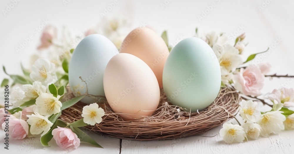 Easter eggs colored in nest Elegant Green Blue and Pink Pastel colors White background Spring Flowers Good for Happy Easter banner, cookbooks, ingredients, healthy food blog. Generative AI