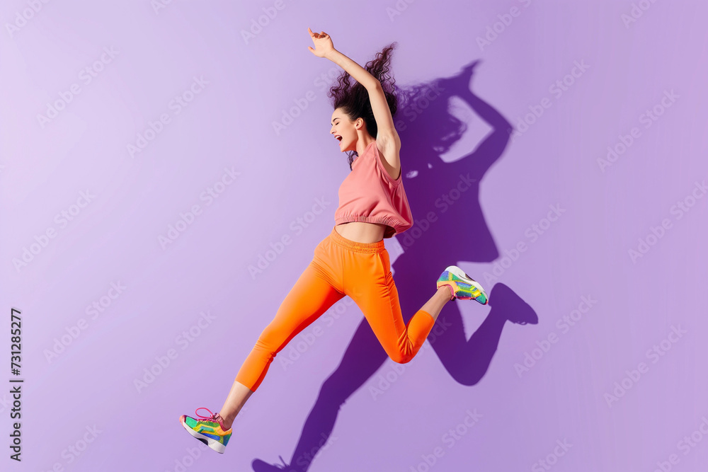 a whole body studio shot of a young woman in bright colored fitness outfit with colorful sneakers on a bright pale purple studio minimalist background