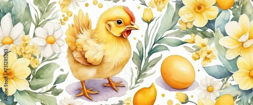 Cute chick and eggs Yellow and white background Surrounded by flowers and eggs Watercolor Pastel color Happy Easter banner Illustration Generative AI