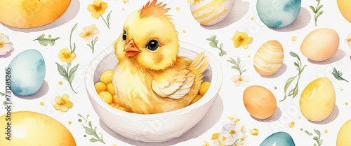 cute little baby chick in a bowl Easter colored eggs pastel floral background Surrounded by flowers Watercolor Art Happy Easter banner Illustration Generative AI