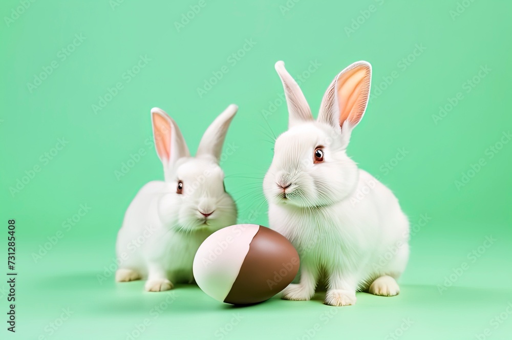 Fototapeta premium easter bunnys and chocolate egg, two rabbits, green color background Good for postcards, poster, kid's room, story book and canvas, Generative AI
