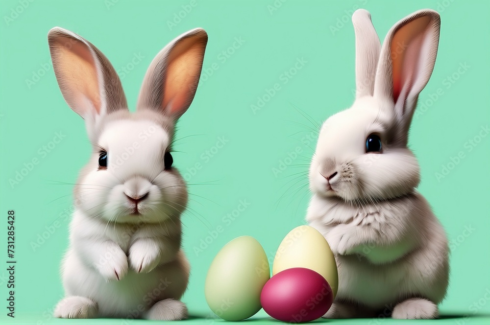 easter bunny and eggs Isometric Green color background Good for postcards, poster, kid's room, story book and canvas, Generative AI
